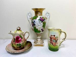 lot 34 image: Czechoslovakian Potrait Pitcher Porcelain Antique Creamer, Leuchtenburg German Porcelain CreamerPitcher with Basin, Czech Porcelain Pitcher Porcelain Antique Creamer and Hand Painted Porcelain Urn
