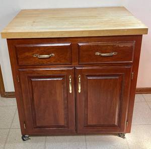 lot 22 image: Mobile Kitchen Cart Island with Storage, Butcher Block Top