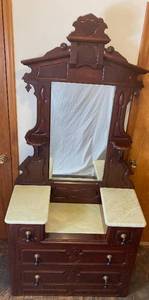 lot 7 image: Antique Drop Center Marble Top DresserVanity