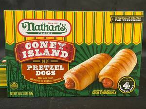 lot 15 image: D - Nathans Famous Coney Island Beef Pretzel Dogs 3 boxes