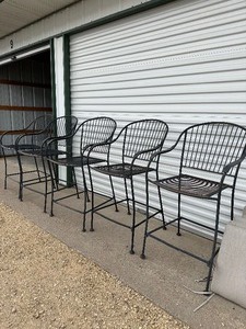 lot 26 image: 5 Metal Outdoor Bar  Patio Chairs - High  With Cushions & Pillows
