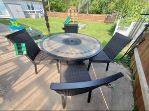 lot 5 image: Agio Conway 5 Piece Round Wicker Dining Set & Large Umbrella