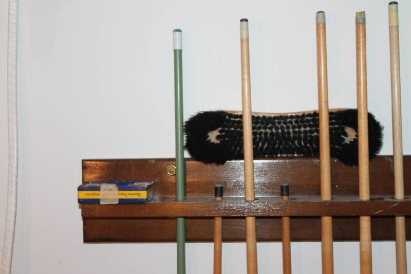 lot 9-77 image: Billiard Cue Sticks with Wall Rack Assortment