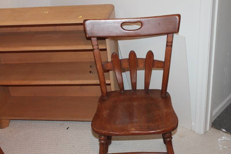 lot 81 image: Set of Wooden Furniture Pieces including Chairs, Stool, and Bookshelf