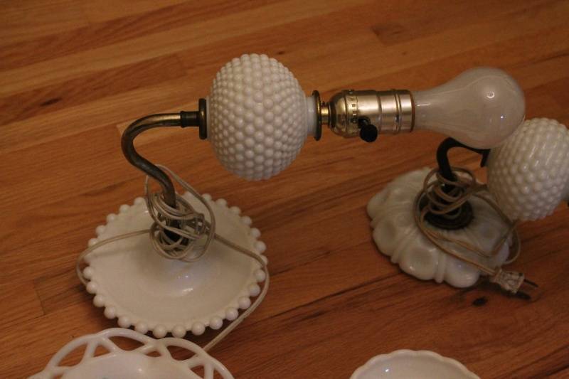 lot 49 image: Lot of Vintage White Milk Glass Items Including Lamps and Decorative Pieces