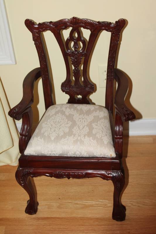 lot 55 image: Vintage Mahogany Carved Wood Armchair with Upholstered Seat
