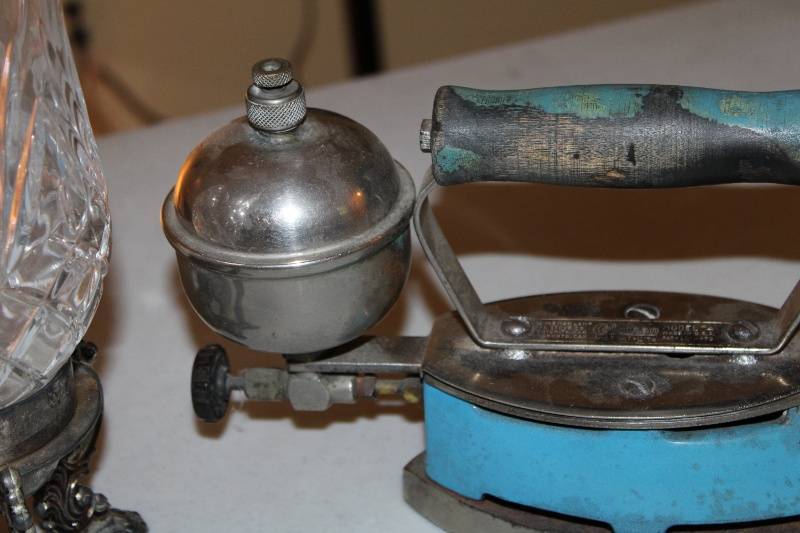lot 62 image: Vintage Gas Iron and Crystal Vase