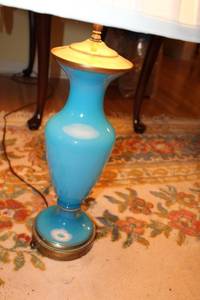 lot 8 image: Vintage Blue Glass Table Lamp with White Pleated Shade