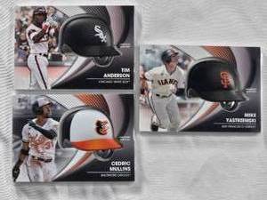 lot 678 image: Lot of 3 - 2022 Commemorative Batting Helmet Cards Mike Yastrzemski #BH-MY, Cedric Mullins #BH-CM, Tim Anderson #BH-TA