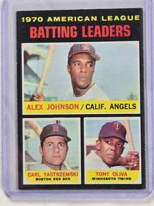 lot 682 image: 1970 American League Batting Leaders #61, Alex Johnson, Carl Yastrzemski, Toni Oliva Vintage Baseball Card