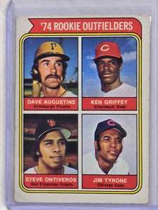 lot 684 image: 1974 Rookie Outfielders Topps #598 Ken Griffey, Dave Augustine, Steve Ontiveros, Jim Tyrone
