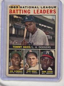 lot 704 image: 1963 National League Batting Leaders Tommy Davis, Bob Clemente, Dick Groat, Hank Aaron #7 Vintage Baseball Card