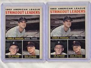 lot 708 image: Lot of 2 of the 1963 American League Strikeout Leaders Camilo Pascual, Jim Bunning, Dick Stigman Topps #6 Vintage Baseball Card