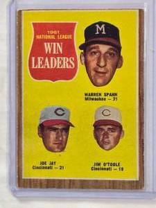lot 711 image: 1961 National League Win Leaders Warren Spahn, Joe Jay, Jim OToole Topps #58 Vintage Baseball Card