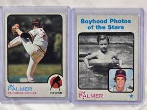 lot 728 image: Lot of 2 Jim Palmer Cards - Boyhood Photos 1973 Topps #341 & 1973 Topps #160 Vintage Baseball Cards