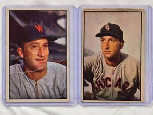 lot 625 image: Lot of 2 1953 Bowman Color Saul Rogovin #75 & Bob Porterfield #22 Vintage Baseball Cards