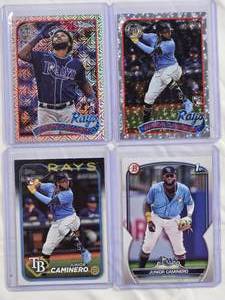 lot 98 image: Lot of 4 Junior Caminero Rookie Cards - 1st Bowman, Topps #628, Topps Chrome Mojo, Topps Silver Crackle()