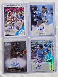 lot 99 image: Lot of 4 Autos - JJ Bleday Rookie, Aeverson Artaega Bowman Sterling, Josh Lowe Rookie, Curtis Mead Rookie