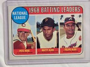 lot 144 image: 1968 National League Batting Leaders #2 Pete Rose, Matty Alou, Felipe Alou - Vintage Baseball Card