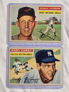lot 150 image: Lot of 2 1956 Topps Andy Carey #12 & George Zuverink #276 Vintage Baseball Cards