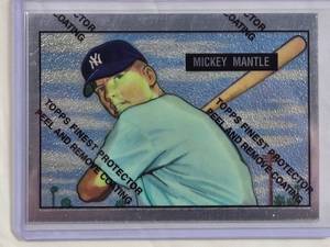 lot 153 image: OFFICIAL REPRINT Mickey Mantle Rookie 1996 Bowman Chrome of 1951 #253 Vintage Baseball Card - New York Yankees