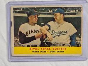lot 163 image: 1958 Topps #436 Rival Fence Busters Willie Mays and Duke Snider - Vintage Baseball Card