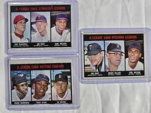lot 173 image: Lot of 3 with Minnesota Twins Hall of Famers on American League Leader Cards Tony Oliva & Jim Kaat,