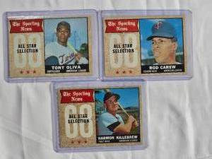 lot 174 image: Lot of 3 Minnesota Twins Stars 1968 Topps The Sporting News All Star Selections Harmon Killebrew #361, Tony Oliva #371, Rod Carew #363