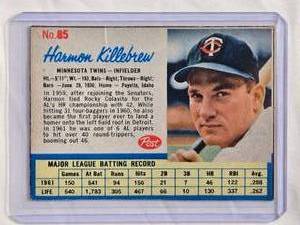 lot 177 image: Harmon Killebrew 1962 Post Major League Baseball Card #85 - Minnesota Twins Vintage Baseball Card