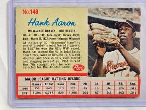 lot 181 image: Hank Aaron 1961 Post No.149 - Milwaukee Braves Vintage Baseball Card