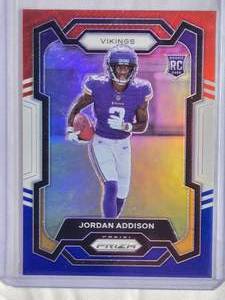 lot 241 image: Jordan Addison Rookie 2023 Panini Red White and Blue Prizm #183 Minnesota Vikings
