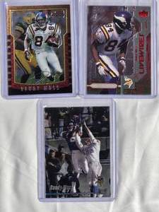 lot 282 image: Lot of 3 Randy Moss Cards 2000 Bowman Chrome #125, 1999 Stadium Club Chrome #118, 1999 Upper Deck Livewires  - Minnesota Vikings