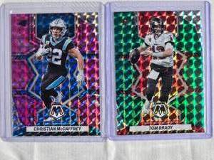 lot 284 image: Lot of 2 - 2022 Panini Mosaic Prizm Refractors Tom Brady #182, Christian McCaffrey #28