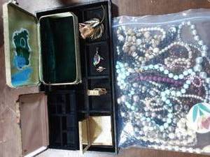 lot 29 image: Vintage Jewelry Boxes, Gucci Watch, Bird Pin, Blumenthal Brooch Bag Of Assorted Jewelry