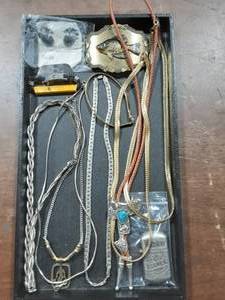 lot 32 image: Lot Of Assorted Mens Jewelry, Belt Buckle, Bolo Tie, Winston Lighter
