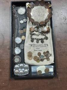 lot 33 image: Bank Bag & Coin Jewelry, Ash Tray, Belt Buckle