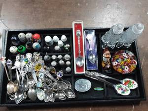 lot 64 image: Collection Of Misc. Souvenir Spoons, Thimbles, Jumping Beans, Paper Weight