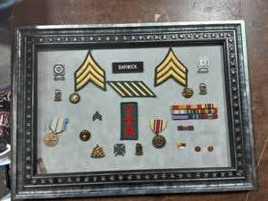 lot 71 image: 22x16 Framed Military Patches & Medals
