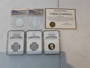 lot 88 image: 2-JFK Silver Half Dollars Anacs Graded SP66 1965, 1966 And 3 Washington Quarters 1993 S, 1995 S 1997 S MS66, PF69, PT 69 ULT Cameo