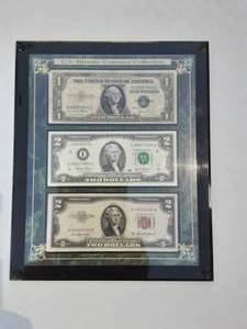 lot 90 image: US Currency Collection One Dollar Silver Certificate 1935, 2$ Red Label 1953 & 2$ Fed Reserve Note 2003 Framed