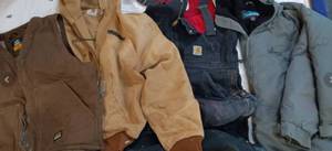lot 101 image: Mens Carhart Thermal Jacket XL, Carhart Quilted Bibs 32x32, Work Vest Size Sm. (Bernie Sherpa), Tri Mountain Jacket XL