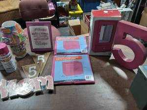 lot 103 image: New Pink Bins, Jewelry Box, Spray Paint, Candle, Frame, MOM Sign, Misc.
