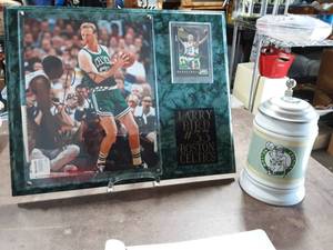lot 20 image: Autographed Larry Bird #33 Boston Celtics Framed Picture, Trading Card Plaque & NBA Collector Stein
