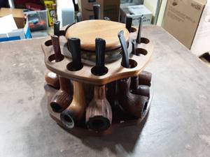 lot 28 image: Glass Tobacco Jar With Swivel Stand & 12-Unique Pipes