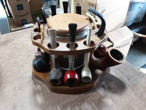 lot 29 image: Glass Tobacco Jar With Stand & 12-Unique Pipes