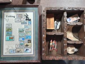 lot 32 image: Framed Fishing & Wildlife Stamps 13x17,  Shadow Box Filled With Old Fishing Tackle