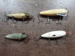 lot 34 image: 4-Old Fishing Lures 1-Heddons Dowagiac