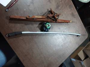 lot 38 image: Polar Fish Stick With Johnson Model 80 Reel & Wood Fishing Jig Signed Vern ()