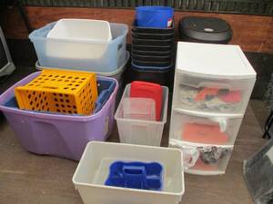 Assortment of plastic totes, crates...