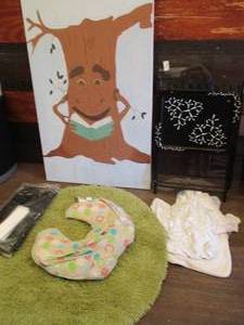 Large painting, TV tray, shelf, rug...